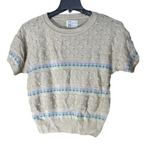 BillieJo Beige VTG 80’s Short Sleeve Knit Sweater Floral Tulip Pattern - Size M